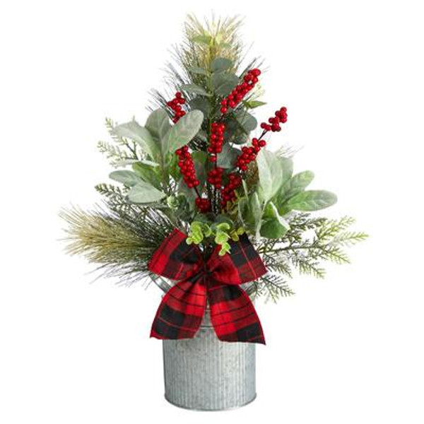 20" Holiday Winter Greenery, Pinecone & Berries With Buffalo Plaid Bow Artificial Christmas Table Arrangement A1854 By Nearly Natural