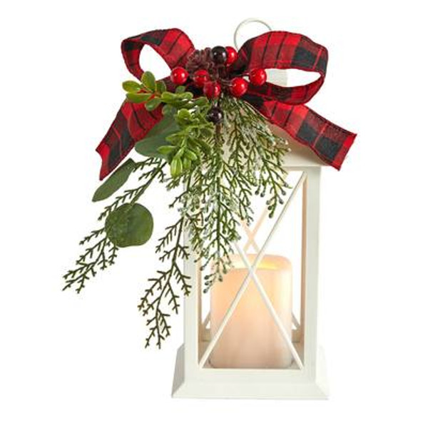 12" Holiday White Lantern With Berries, Pine & Plaid Bow Artificial Christmas Table Arrangement With Led Candle Included A1857 By Nearly Natural