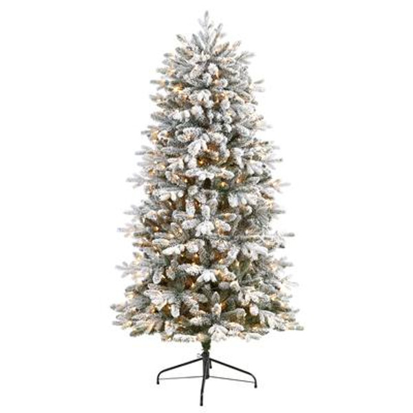 6' Aspen Mountain Fir Flocked Christmas Tree With 1198 Bendable Branches And 450 Led Lights T2354 By Nearly Natural