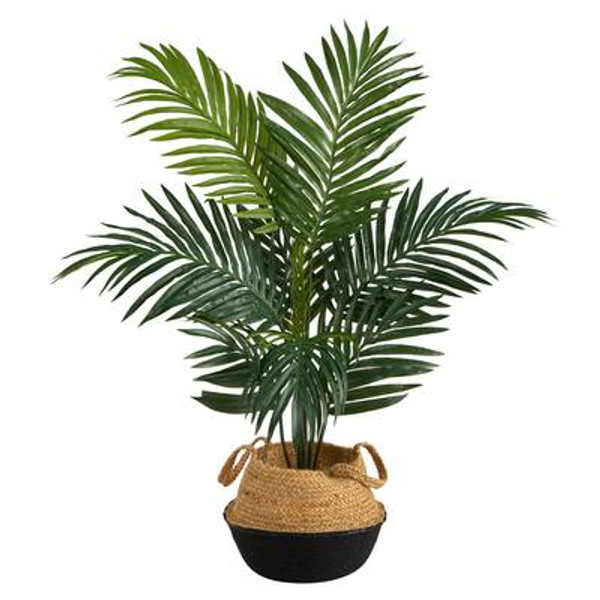 4' Kentia Palm Artificial Tree In Boho Chic Handmade Cotton & Jute Black Woven Planter T2936 By Nearly Natural