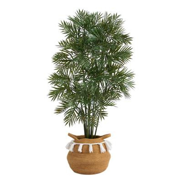 4' Parlor Palm Artificial Tree In Boho Chic Handmade Natural Cotton Woven Planter With Tassels T2944 By Nearly Natural