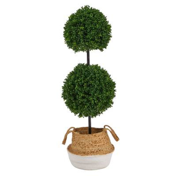 3.5' Boxwood Double Ball Artificial Topiary Tree In Boho Chic Handmade Cotton & Jute White Woven Planter Uv Resistant (Indoor/Outdoor) T2947 By Nearly Natural