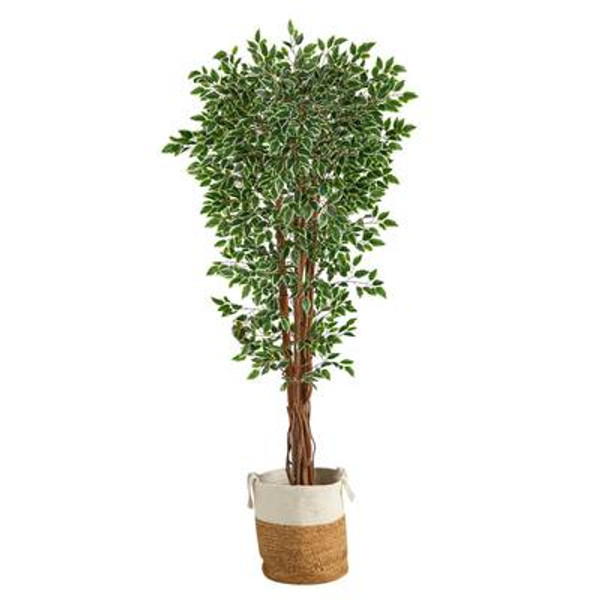 70" Variegated Ficus Artificial Tree In Handmade Natural Jute & Cotton Planter Uv Resistant (Indoor/Outdoor) T2972 By Nearly Natural