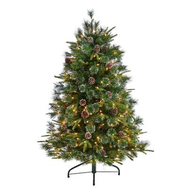 5' Snowed Tipped Clermont Mixed Pine Artificial Christmas Tree With 250 Clear Lights, Pine Cones & 858 Bendable Branches T3043 By Nearly Natural