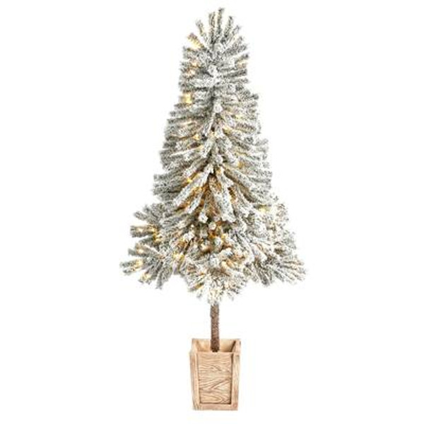 5' Winter Flocked Leaning Artificial Christmas Tree Pre-Lit With 150 Led Lights & 288 Bendable Branches In Decorative Planter T3279 By Nearly Natural