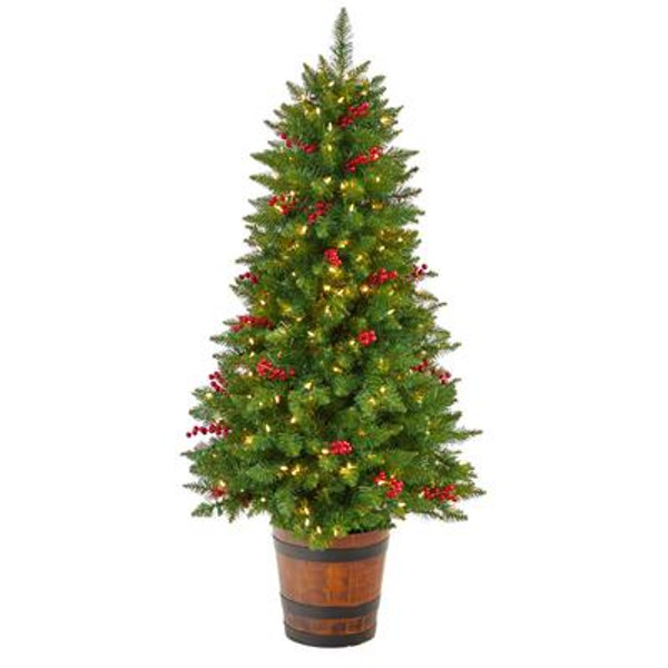 5' Colorado Aspen Pre-Lit Artificial Porch Christmas Tree With 200 Led Lights, 426 Bendable Branches & Berries In Decorative Planter T3280 By Nearly Natural