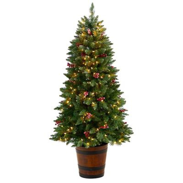 5' Frosted Colorado Aspen Pre-Lit Artificial Porch Christmas Tree With 200 Led Lights, Branches & Berries In Decorative Planter T3281 By Nearly Natural