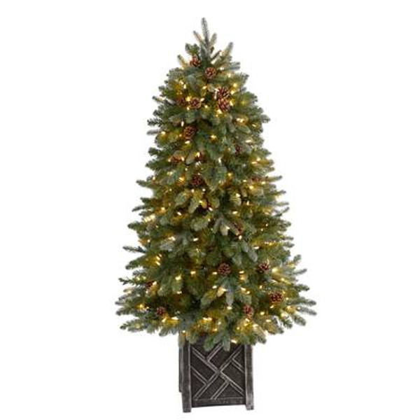 5' Colorado Fir Flocked Dusted Artificial Christmas Tree With 300 Led Lights, 514 Bendable Branches & Pinecones In Decorative Planter T3283 By Nearly Natural
