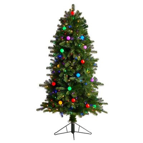 5' Montana Mountain Fir Artificial Christmas Tree With 300 Multi Color Led Lights, 30 Globe Bulbs & 574 Bendable Branches T3294 By Nearly Natural
