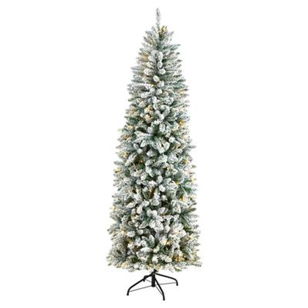 7' Slim Flocked Montreal Fir Artificial Christmas Tree With 300 Warm White Led Lights & 995 Bendable Branches T3311 By Nearly Natural