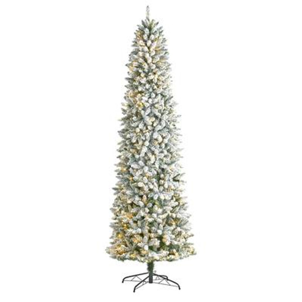 9' Slim Flocked Montreal Fir Artificial Christmas Tree With 600 Warm White Led Lights & 1860 Bendable Branches T3313 By Nearly Natural