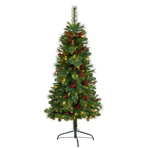 5' Flat Back Montreal Mountain Pine Artificial Christmas Tree With Pinecones, Berries & 110 Warm White Led Lights & 223 Bendable Branches T3317 By Nearly Natural