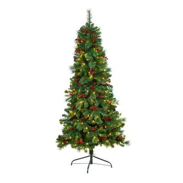 6' Flat Back Montreal Mountain Pine Artificial Christmas Tree With Pinecones, Berries & 150 Warm White Led Lights & 359 Bendable Branches T3318 By Nearly Natural