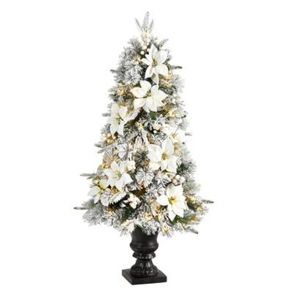 4' Flocked Artificial Christmas Tree With 223 Bendable Branches & 100 Warm Lights In Decorative Urn T3323 By Nearly Natural