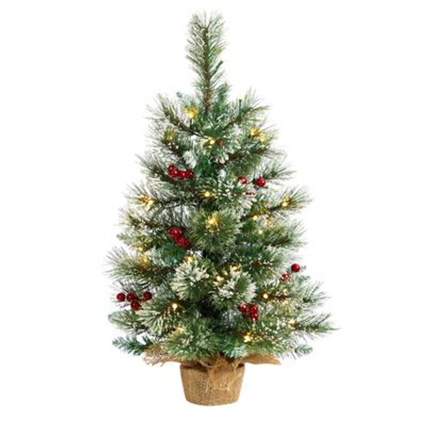 2' Snow Tipped Pine And Berry Artificial Christmas Tree With 35 Warm White Led Lights In Burlap Base T3326 By Nearly Natural