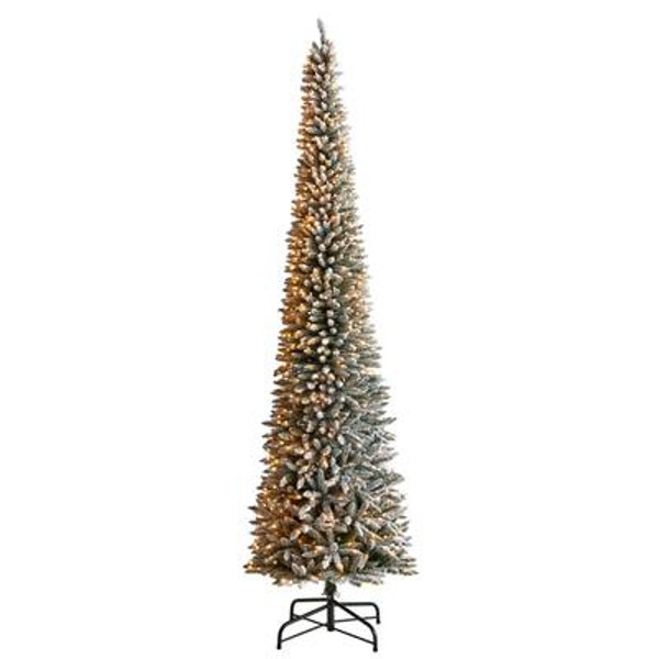 12' Flocked Pencil Artificial Christmas Tree With 1000 Clear Lights And 1819 Bendable Branches T3333 By Nearly Natural