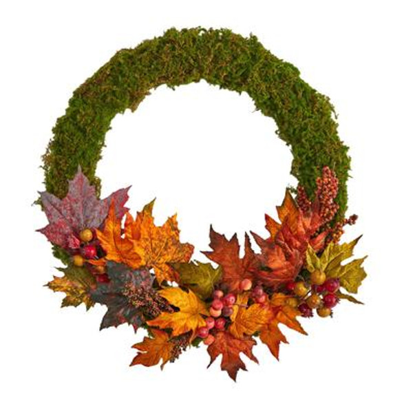 20" Fall Maple Leaf And Berries Artificial Autumn Wreath W1048 By Nearly Natural