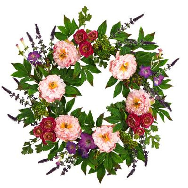 22" Assorted Peony Artificial Wreath W1143 By Nearly Natural