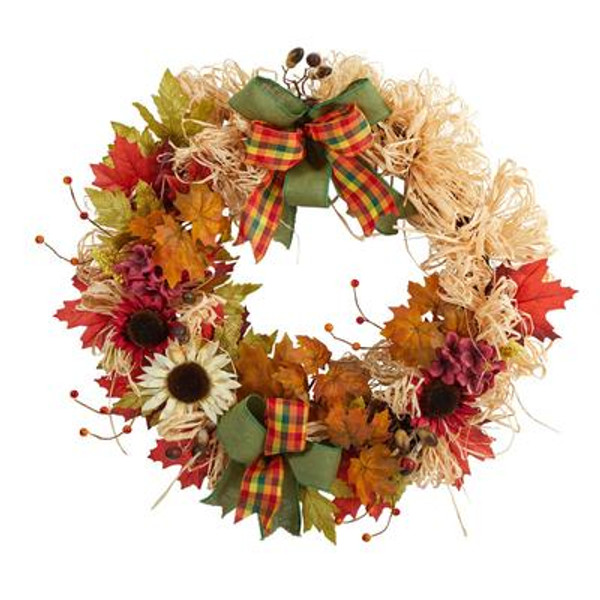 30" Harvest Autumn Sunflower, Maple Leaves And Berries Artificial Fall Wreath With Decorative Bows W1180 By Nearly Natural