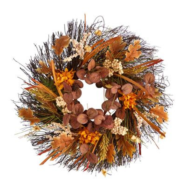 22" Autumn Dahlia And Berries Artificial Fall Wreath W1251 By Nearly Natural