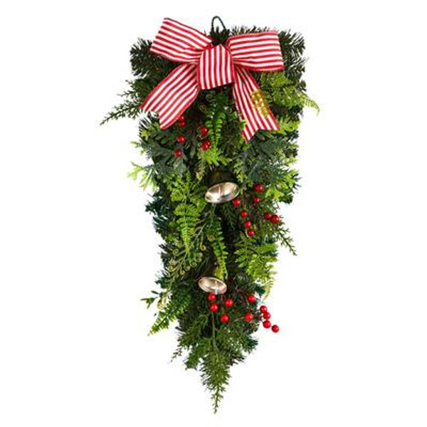 26" Holiday Christmas Bells And Bow Artificial Swag W1266 By Nearly Natural