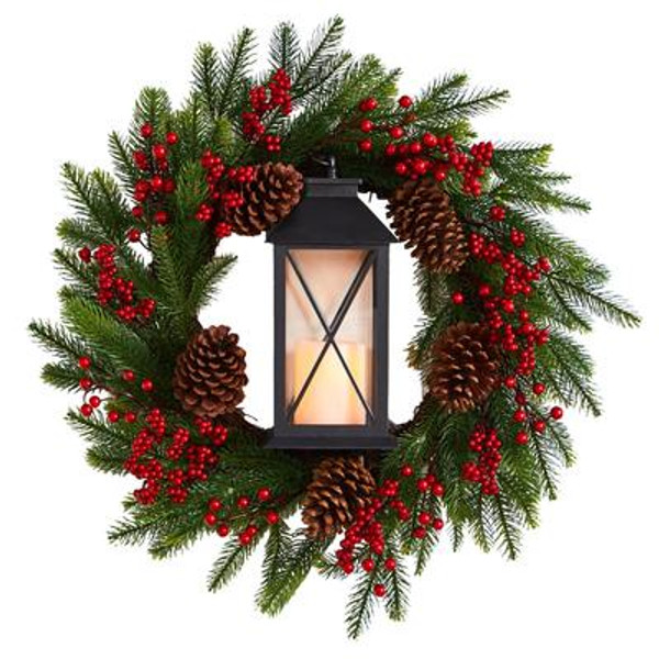 28" Berries And Pine Artificial Christmas Wreath With Lantern And Included Led Candle W1271 By Nearly Natural