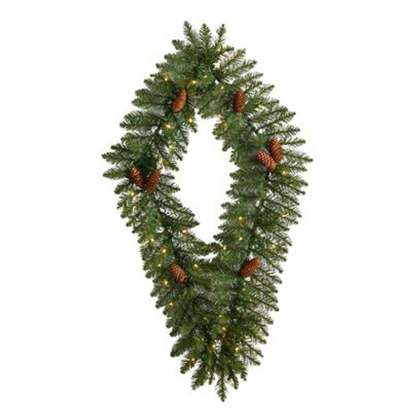3' Holiday Christmas Geometric Diamond Wreath With Pinecones And 50 Warm White Led Lights W1292 By Nearly Natural