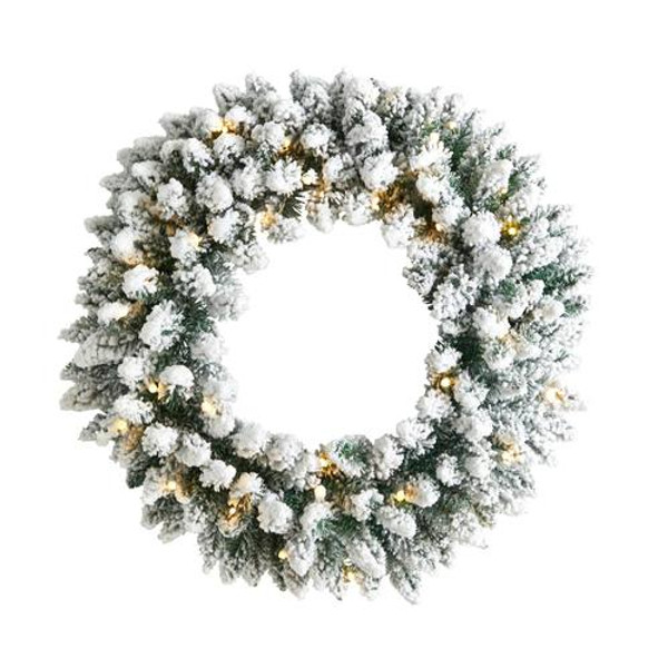 24" Flocked Artificial Christmas Wreath With 160 Bendable Branches And 35 Warm White Led Lights W1306 By Nearly Natural
