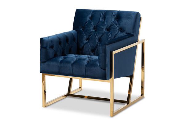 Baxton Studio Navy Velvet Fabric Upholstered Lounge Chair TSF7719-Navy Blue/Gold-CC