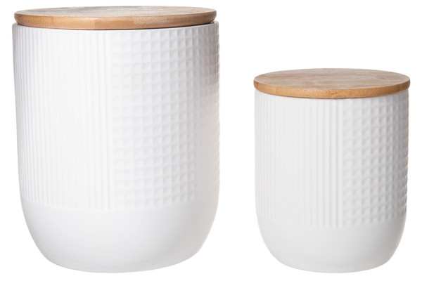 Ceramic Round Canister With Bamboo Lid, Combination Pattern Design Body And Smooth Tapered Bottom (Set Of 2) Matte Finish White 10922 By Urban Trends