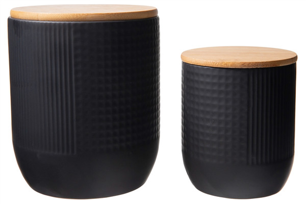 Ceramic Round Canister With Bamboo Lid, Combination Pattern Design Body And Smooth Tapered Bottom (Set Of 2) Matte Finish Black 10923 By Urban Trends