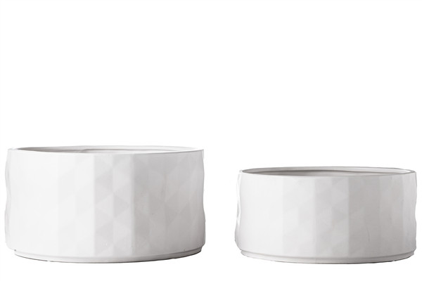 Ceramic Round Wide Pot With Embossed Chequered Pattern Design Body (Set Of 2) Matte Finish White 11023 By Urban Trends