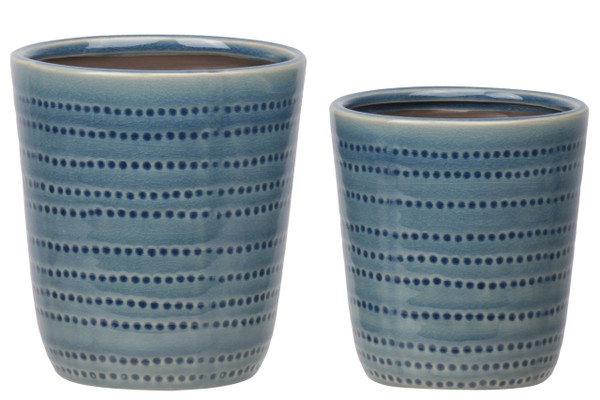 Ceramic Round Pot With Dotted Pattern Design Body And Tapered Bottom (Set Of 2) Gloss Finish Blue 11453 By Urban Trends