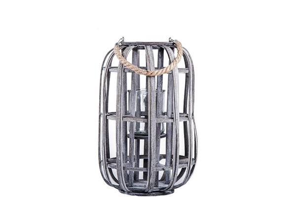 Wood Round Lantern With Top Rope Hanger Xl Weathered Finish Wash Gray (Pack Of 2) 16567 By Urban Trends