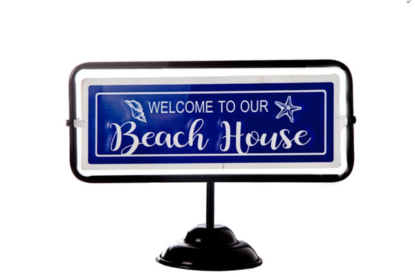 Metal Rectangle Tabletop Flip Sign With "The Beach, Beach House" Writing And Triangular Stand Coated Finish Navy Blue (Pack Of 4) 16922 By Urban Trends