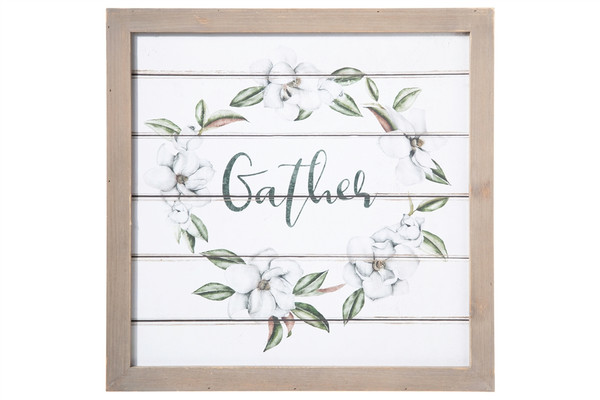 Wood Square Wall Art With Frame, Printed "Gather" And Petals Design Painted Finish White (Pack Of 4) 17523 By Urban Trends
