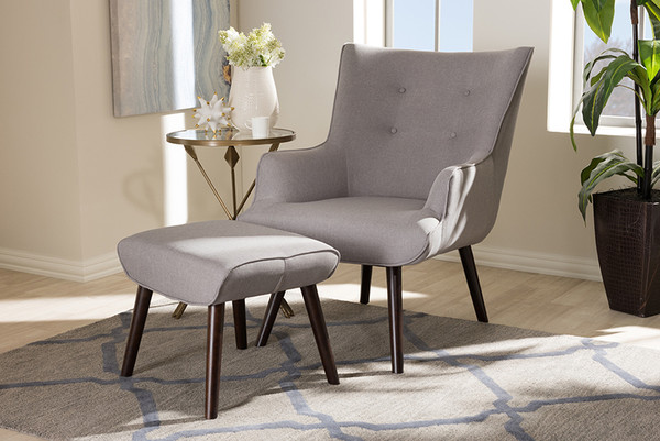 Baxton Studio Light Grey Upholstered Dark Brown Wood Lounge Chair And Ottoman Set