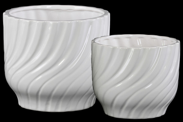 Ceramic Round Pot With Tapered Bottom (Set Of 2) Rippled Gloss Finish White 37306 By Urban Trends