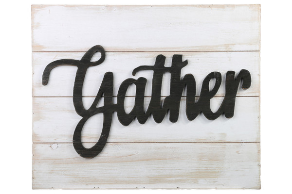 Wood Rectangle Wall Art With Black Embossed Cursive "Gather" Writing And Metal Back Hangers Distressed Finish White (Pack Of 4) 40874 By Urban Trends