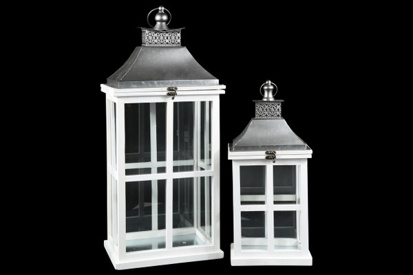 Wood Rectangle Lantern With Silver Metal Top, Ring Hanger, Glass Covered Sides And Window Pane Design Body (Set Of 2) Painted Finish White 41096 By Urban Trends