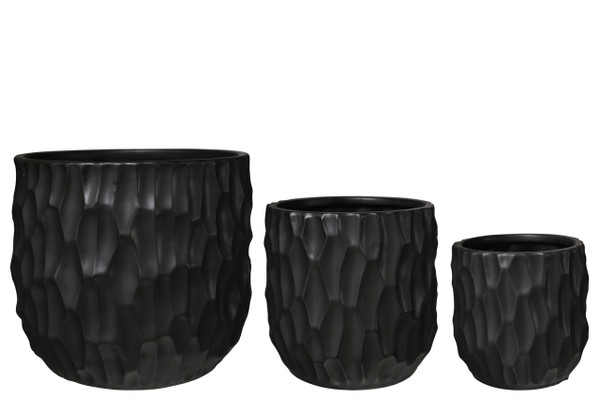 Ceramic Round Pot With Scooped Design Body (Set Of 3) Matte Finish Black 45947 By Urban Trends