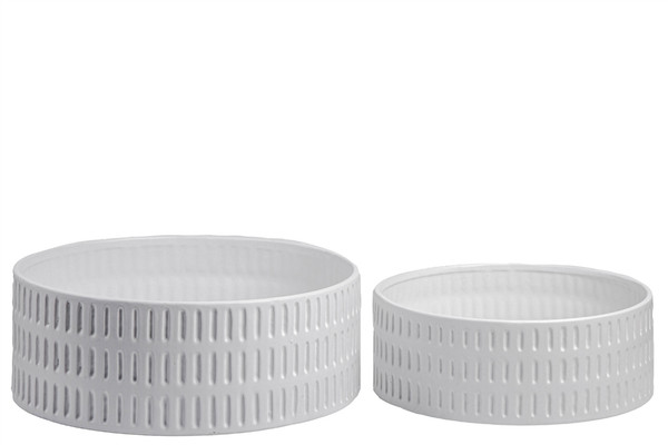 Ceramic Round Bowl With Engraved Vertical Line Pattern Design Body (Set Of 2) Matte Finish White 50207 By Urban Trends