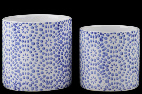 Ceramic Round Pot Planters With Blue Floral Pattern Design (Set Of 2) Gloss Finish White 50316 By Urban Trends