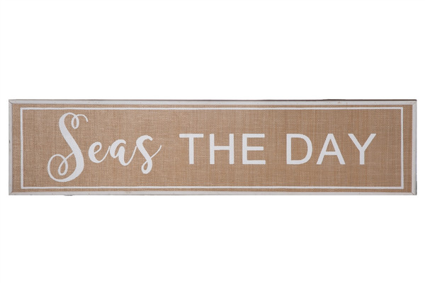Wood Rectangle Wall Art With "Seas The Day" Writing On Weave Surface And Side Border Line Design Natural Finish Brown (Pack Of 4) 53335 By Urban Trends