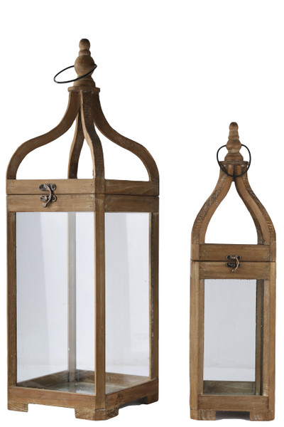 Wood Square Lantern With Top Metal Ring Hanger And Glass Sides (Set Of 2) Natural Finish Brown 54209 By Urban Trends