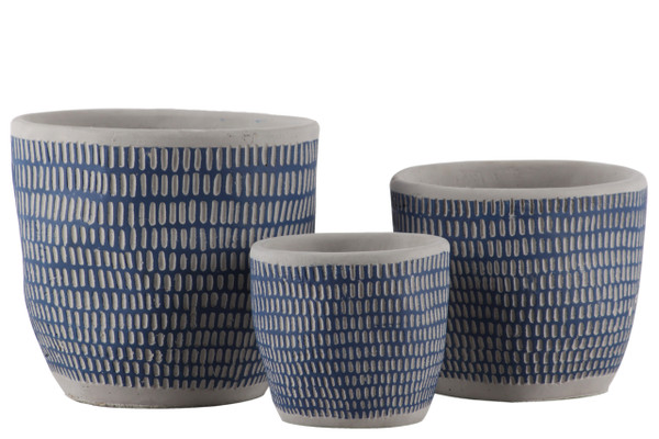 Ceramic Round Pot With Banded Rim Top And Bottom, Engrave Pattern Design, Irregular Body And Tapered Bottom (Set Of 3) Painted Finish Blue 54901 By Urban Trends
