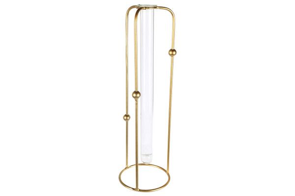 Metal Round Bud Vase Holder With Hanging Tube Glass Vase On Base Lg Coated Finish Gold (Pack Of 8) 94264 By Urban Trends