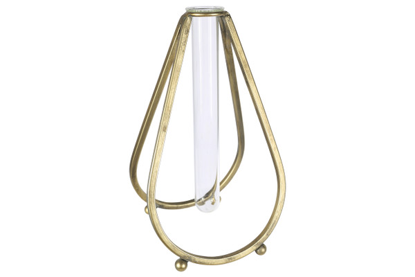 Metal Bud Vase Holder In Bellied Design Stand With Hanging Tube Glass Vase Coated Finish Gold (Pack Of 8) 94265 By Urban Trends
