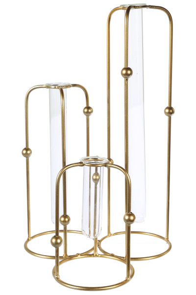 Metal Hanging Bud Vase Holder With Tube Glasses On Round Base Coated Finish Gold (Pack Of 6) 94266 By Urban Trends