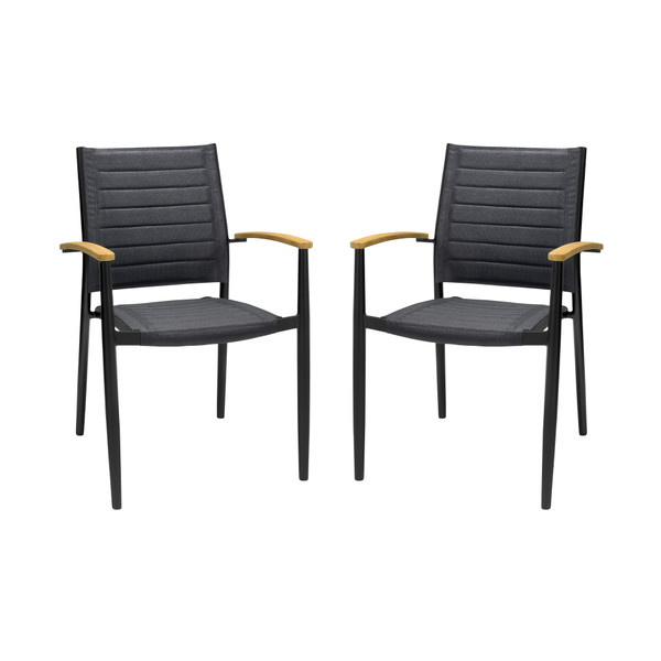 Armen Living Portals Outdoor Black Aluminum Stacking Dining Chair With Teak Arms - Set Of 2 LCPDCHBLACK